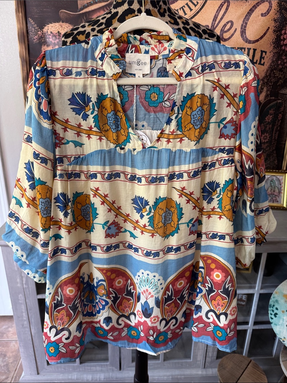 NWT Umgee Cream Floral Boho Tunic with Blue & Yellow Accents  Size XL